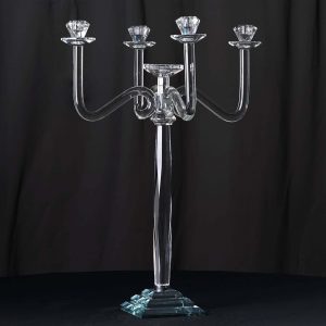 5 Arm Crystal Glass Candelabra 27" Clear- Glamorous Taper Candle Holder Table Centerpiece Stand for Weddings & Banquets
